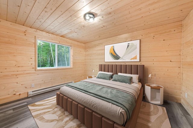 bedroom featuring dark hardwood / wood-style flooring, wood ceiling, a baseboard radiator, and wood walls