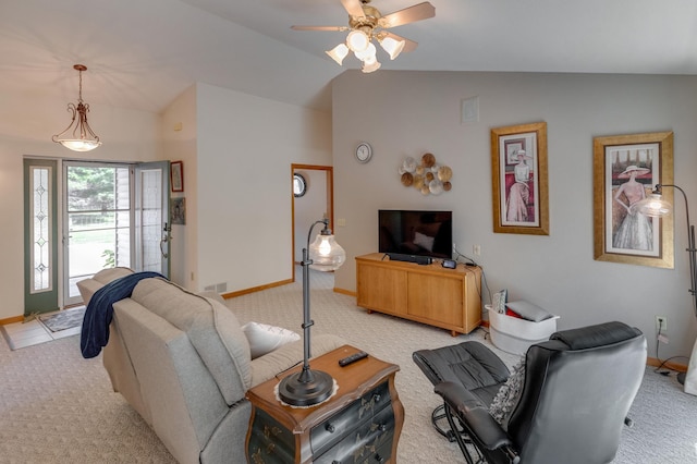 carpeted living room featuring vaulted ceiling and ceiling fan