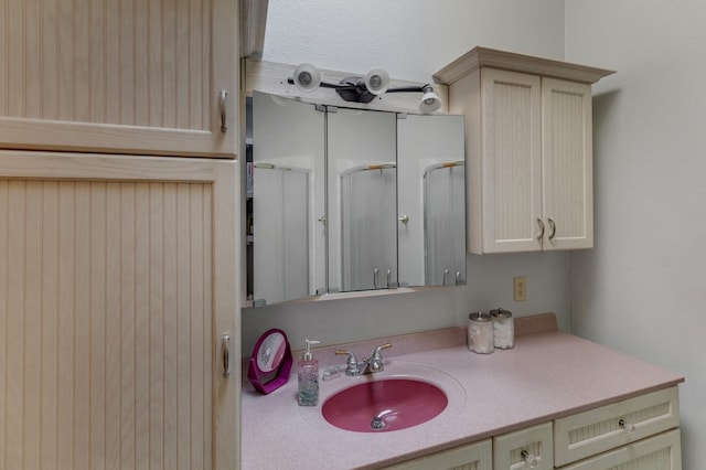 bathroom featuring vanity and a shower with shower door