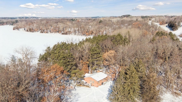 snowy aerial view with a wooded view