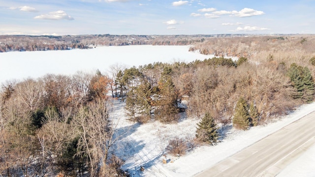 drone / aerial view featuring a wooded view