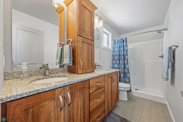 bathroom featuring vanity, toilet, and curtained shower