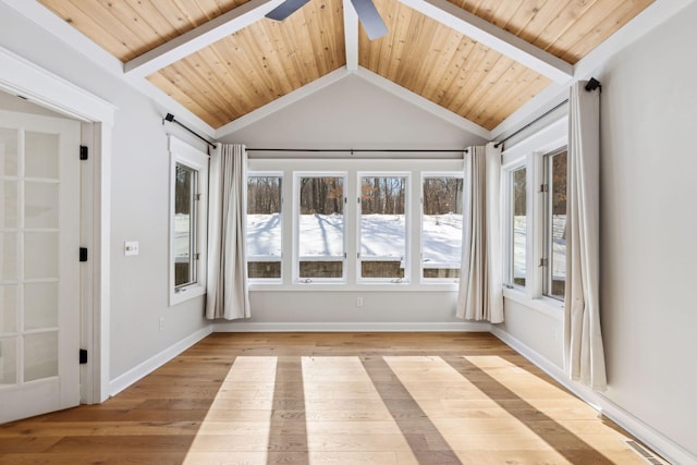 unfurnished sunroom featuring a ceiling fan, wooden ceiling, visible vents, and vaulted ceiling with beams