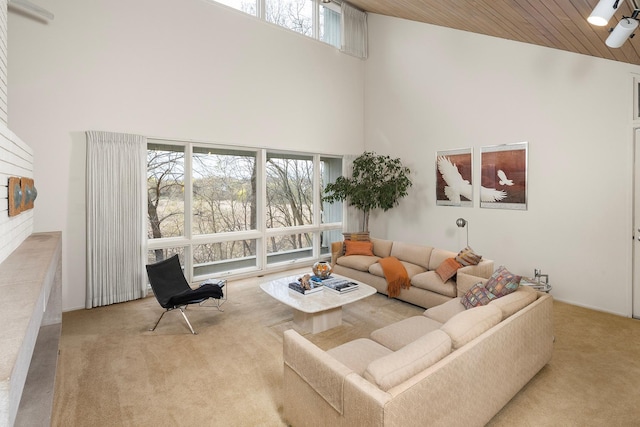 carpeted living room featuring a high ceiling and wood ceiling