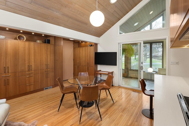 dining area with recessed lighting, wood ceiling, light wood-type flooring, visible vents, and high vaulted ceiling