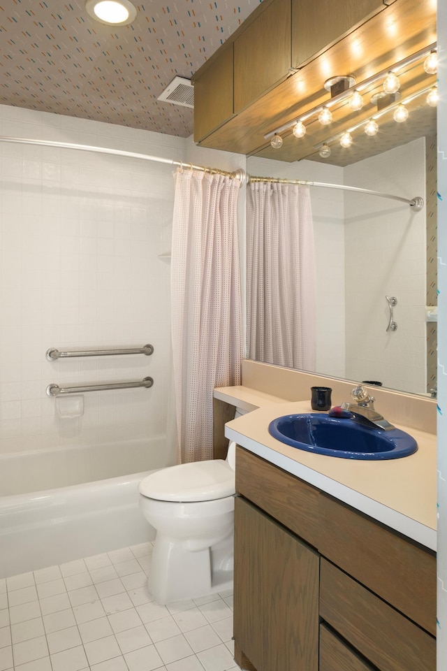 bathroom with shower / tub combo, vanity, toilet, and tile patterned flooring