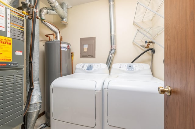 laundry room with washer and clothes dryer, laundry area, heating unit, and electric water heater