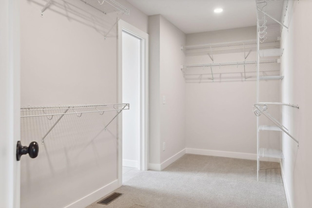 spacious closet featuring light carpet