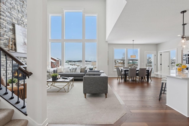 living room featuring dark wood-type flooring and a high ceiling