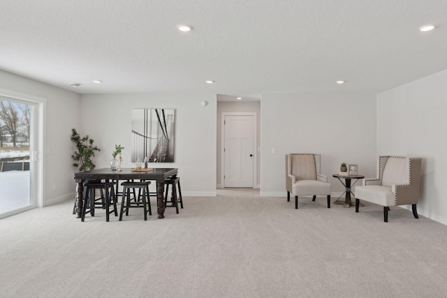 sitting room featuring light colored carpet and a textured ceiling