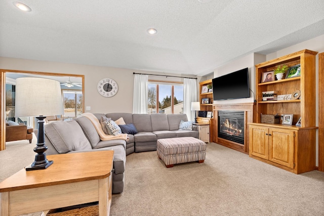 carpeted living room with a textured ceiling and a healthy amount of sunlight