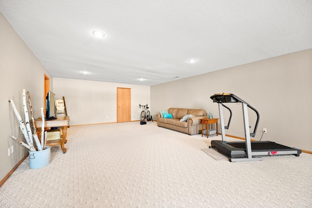 workout area featuring carpet and a textured ceiling