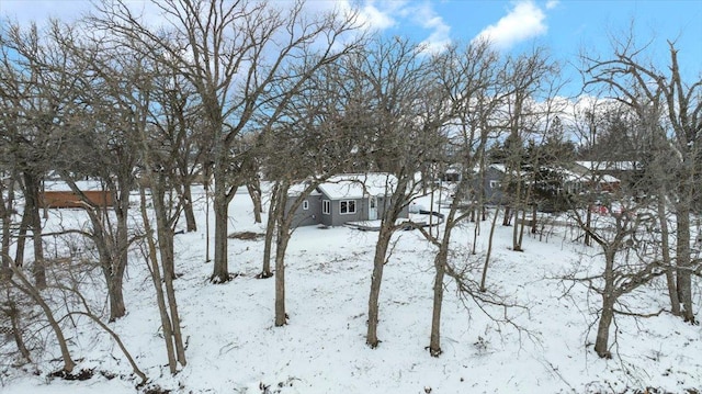 snowy yard featuring a garage