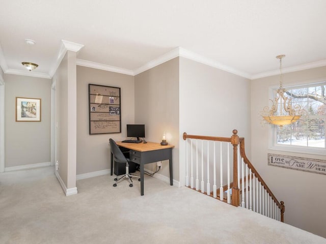 carpeted office space with crown molding and baseboards