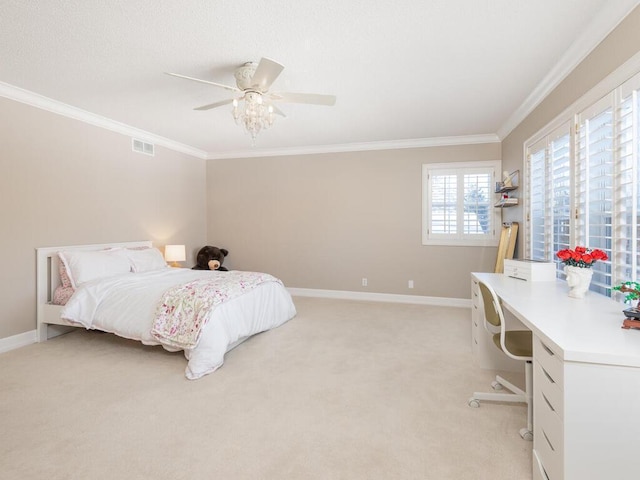 bedroom with light carpet, ornamental molding, visible vents, and baseboards