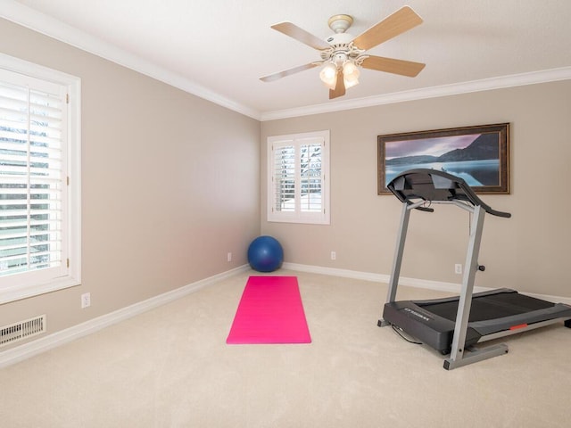 workout area featuring baseboards, ornamental molding, visible vents, and light colored carpet