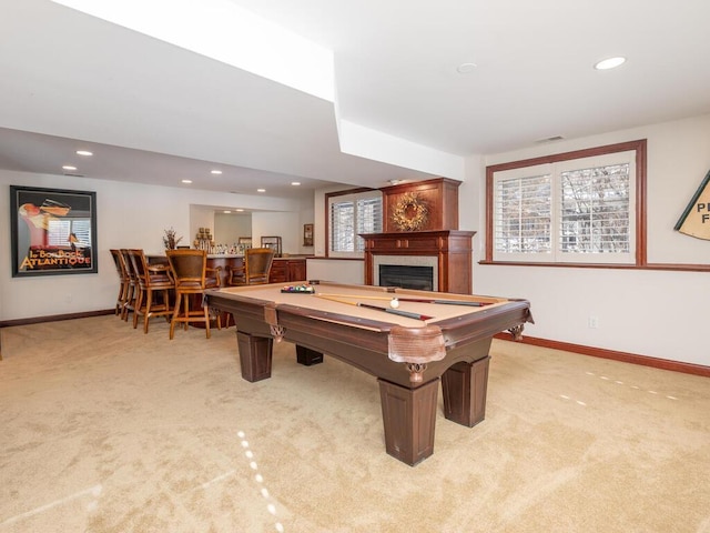 recreation room featuring recessed lighting, light colored carpet, a bar, billiards, and baseboards