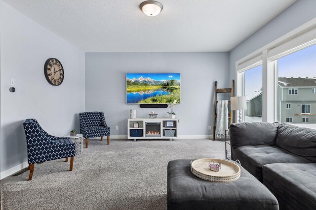 living room featuring carpet and a textured ceiling