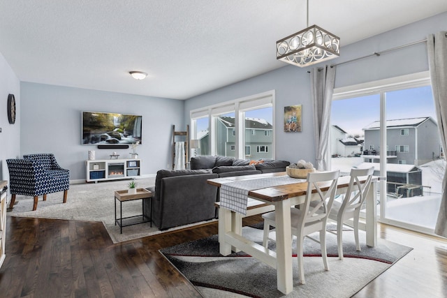 dining room featuring an inviting chandelier, wood-type flooring, and a textured ceiling