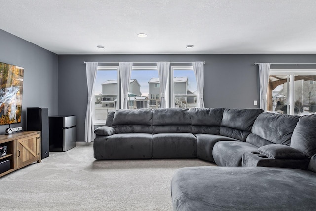 carpeted living room with a textured ceiling and a healthy amount of sunlight