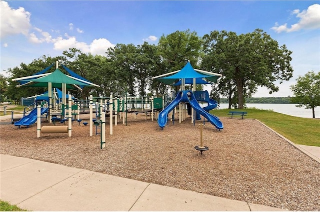 view of play area featuring a water view