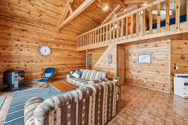 3313 Twin Island Cir NW, Prior Lake, MN 55372 - bedroom with wooden walls, a wood stove, a wood ceiling with exposed beams, high vaulted ceiling, and tile patterned floors