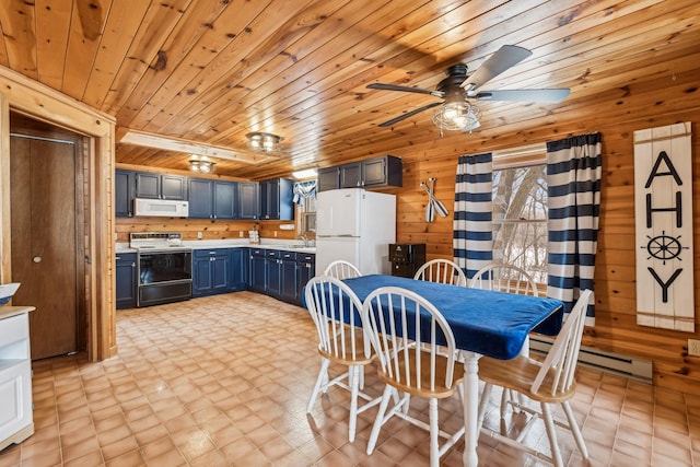 3313 Twin Island Cir NW, Prior Lake, MN 55372 - dining room featuring wooden walls, light floors, wood ceiling, a ceiling fan, and a baseboard radiator
