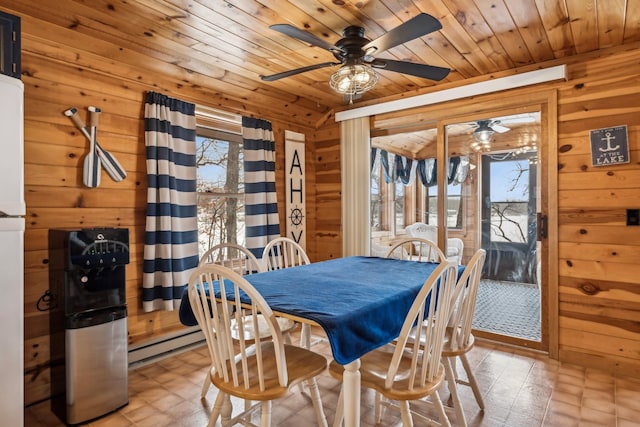 3313 Twin Island Cir NW, Prior Lake, MN 55372 - dining area featuring wood walls, wood ceiling, a ceiling fan, baseboard heating, and tile patterned floors