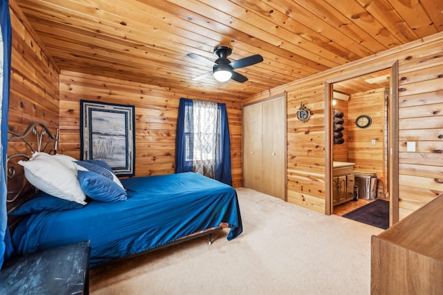 3313 Twin Island Cir NW, Prior Lake, MN 55372 - carpeted bedroom with wooden walls, wood ceiling, ceiling fan, and connected bathroom