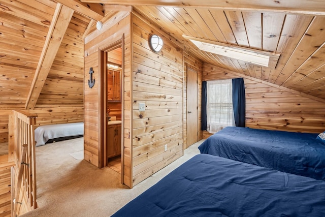 3313 Twin Island Cir NW, Prior Lake, MN 55372 - bedroom with vaulted ceiling, wooden ceiling, wood walls, a skylight, and light colored carpet