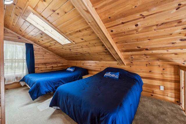 3313 Twin Island Cir NW, Prior Lake, MN 55372 - carpeted bedroom featuring wood ceiling, vaulted ceiling, a skylight, and wood walls