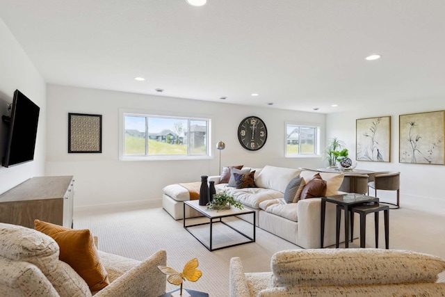 living room with light colored carpet