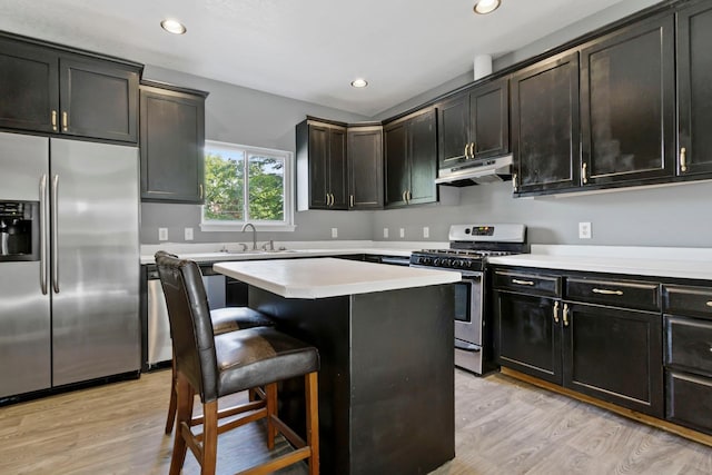 kitchen with appliances with stainless steel finishes, light hardwood / wood-style flooring, a breakfast bar, a kitchen island, and sink