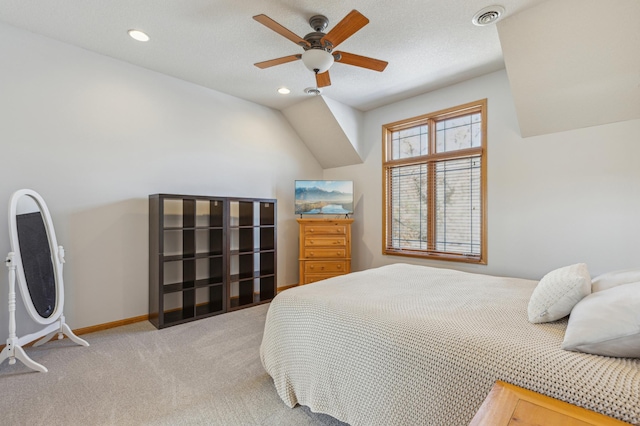 bedroom featuring visible vents, a ceiling fan, recessed lighting, carpet flooring, and baseboards