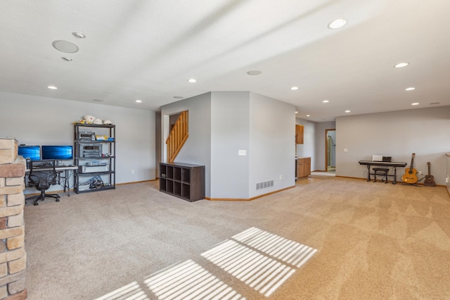 playroom with recessed lighting, visible vents, baseboards, and light colored carpet