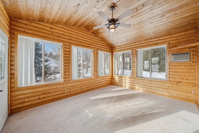 unfurnished sunroom featuring wooden ceiling, ceiling fan, vaulted ceiling, and a wall mounted air conditioner