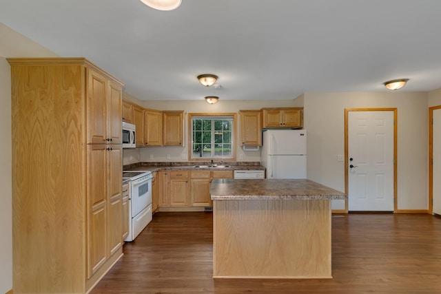 615 Cottonwood Ave, Litchfield, MN 55355 - kitchen featuring white appliances, light brown cabinets, dark wood-style floors, and a sink