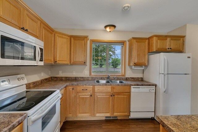 615 Cottonwood Ave, Litchfield, MN 55355 - kitchen featuring white appliances, a sink, dark wood-style floors, and dark countertops