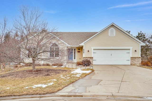 single story home with a garage, brick siding, driveway, and roof with shingles