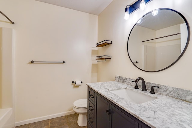 full bath with toilet, baseboards, and vanity