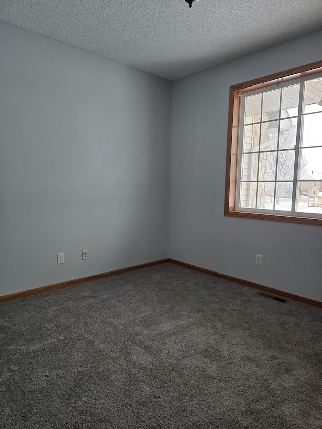 carpeted empty room with a textured ceiling