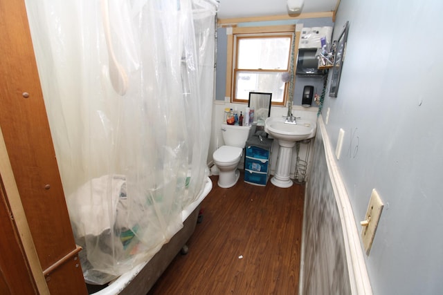 bathroom with toilet, a sink, and wood finished floors