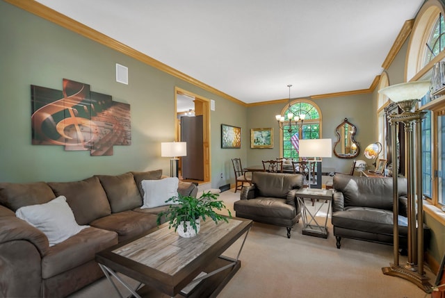 carpeted living room featuring a notable chandelier and crown molding