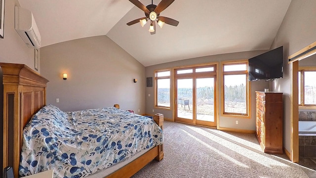 bedroom with baseboards, a wall mounted AC, lofted ceiling, light carpet, and access to outside