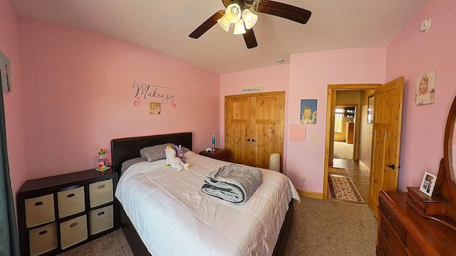 bedroom with carpet floors and ceiling fan