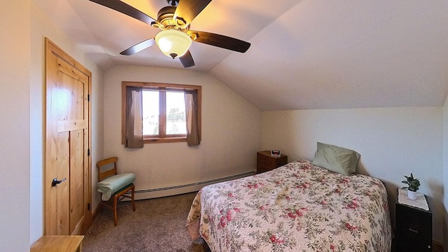 bedroom with a baseboard radiator, lofted ceiling, ceiling fan, and carpet flooring