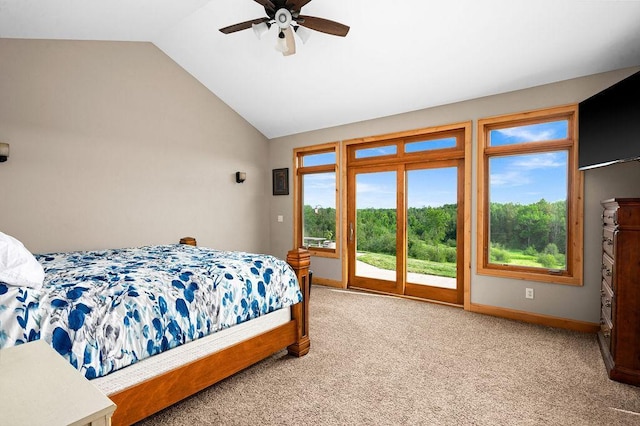 1036 Ziebarth Rd, Wrenshall, MN 55797 - carpeted bedroom featuring access to outside, lofted ceiling, multiple windows, and ceiling fan