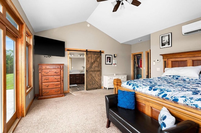 1036 Ziebarth Rd, Wrenshall, MN 55797 - bedroom with a barn door, light carpet, a wall mounted AC, a spacious closet, and connected bathroom