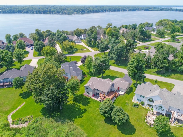 drone / aerial view with a water view