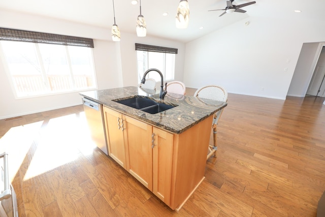 kitchen featuring stainless steel dishwasher, sink, a kitchen island with sink, and dark stone countertops